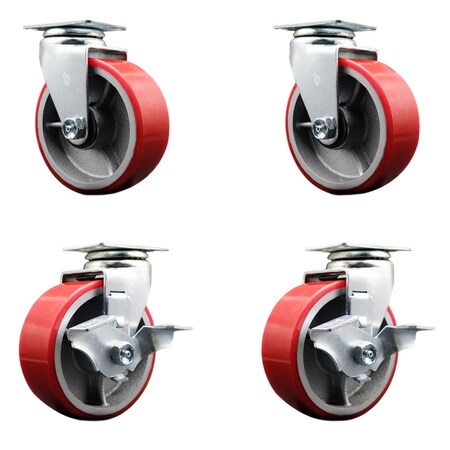 Service Caster 5 Inch Red Poly on Cast Iron Swivel Caster Set with Roller Bearings 2 Brakes SCC-20S520-PUR-RS-2-TLB-2